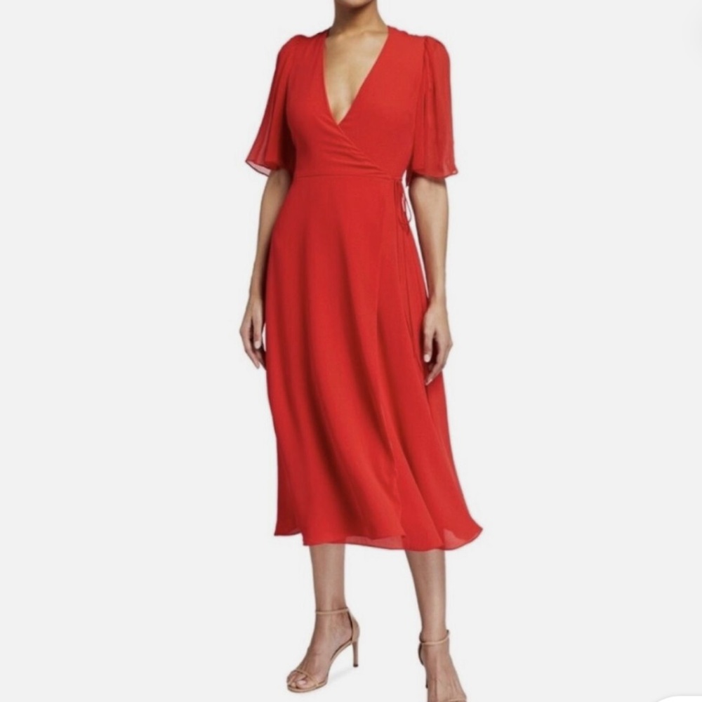 Alice + Olivia Siri Wrap Midi Dress in Red Poppy Size 6 Retail- $350